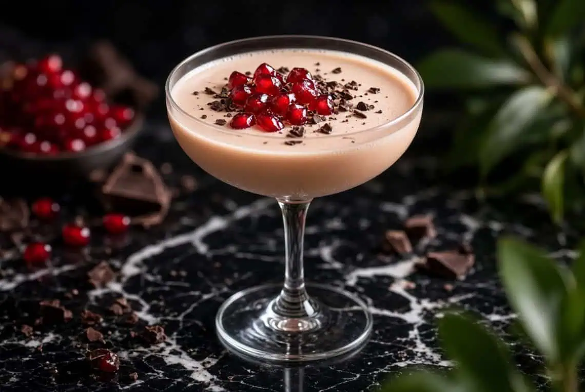 Amarula Cocktail - Saffarazzi Pale pink cocktail in a coupe glass, topped with pomegranate seeds and chocolate shavings on a dark marble surface.