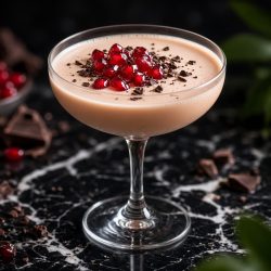 Amarula Cocktail - Saffarazzi Pale pink cocktail in a coupe glass, topped with pomegranate seeds and chocolate shavings on a dark marble surface.