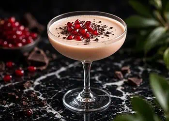 Pale pink cocktail in a coupe glass, topped with pomegranate seeds and chocolate shavings on a dark marble surface.