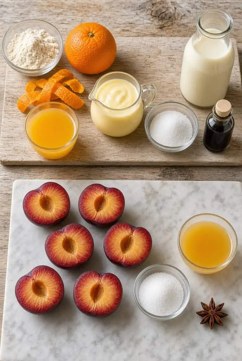 Ingredients for Spiced plum buttermilk panna cotta recipe - Saffarazzi Ingredients for buttermilk panna cotta with spiced plums, including buttermilk, cream, citrus, sugar, vanilla, plums and star anise