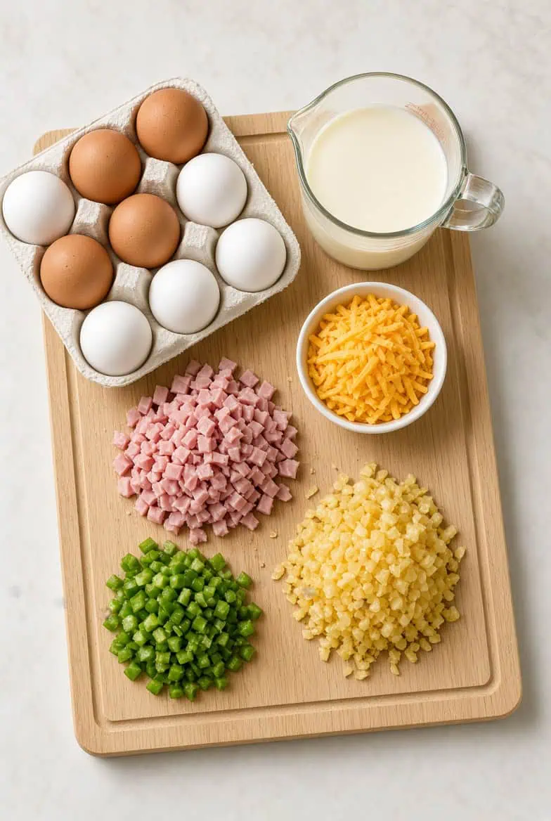 Ingredients for Omelette illustrated via AI - Saffarazzi Assorted ingredients on a wooden cutting board: eggs, milk, diced ham, cheddar, onions, and green peppers ready for cooking