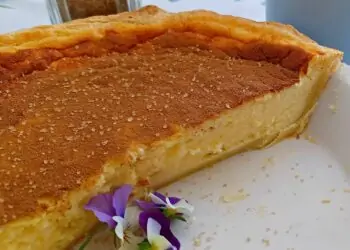 Baked Milk tart, a traditional South African dessert, is a smooth and creamy custard filling baked in a sweet pastry crust.