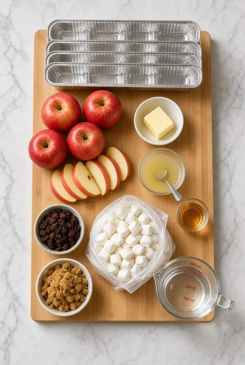 Ingredients for Mini bowls of apple magic - Saffarazzi Wooden cutting board with baking ingredients: apples (whole and sliced), marshmallows in a bag, butter, raisins, brown sugar, honey, a measuring cup, a small pitcher, and empty foil tins stacked at the top.