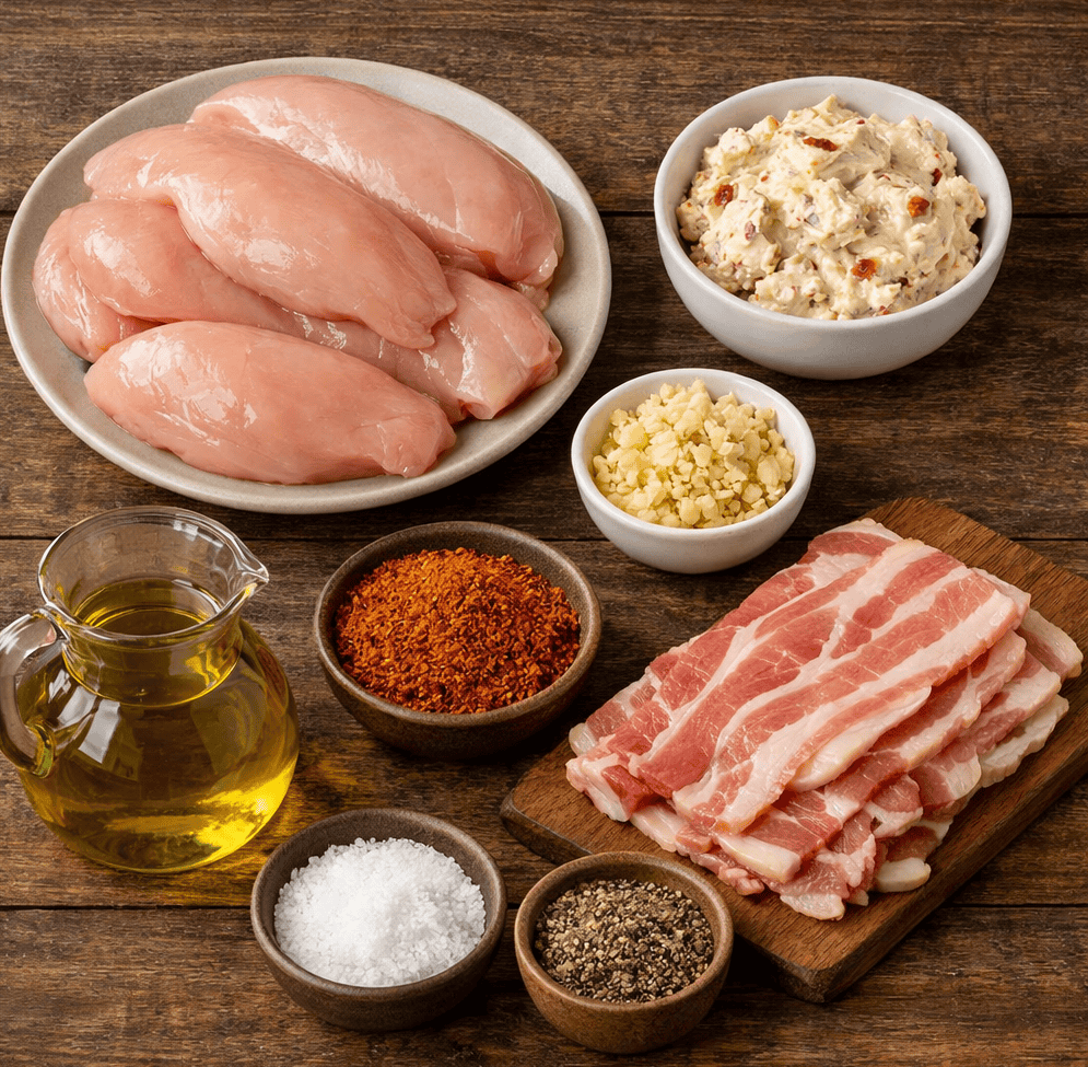 Ingredients for Cream Cheese Stuffed Chicken Wrapped in Crispy Bacon