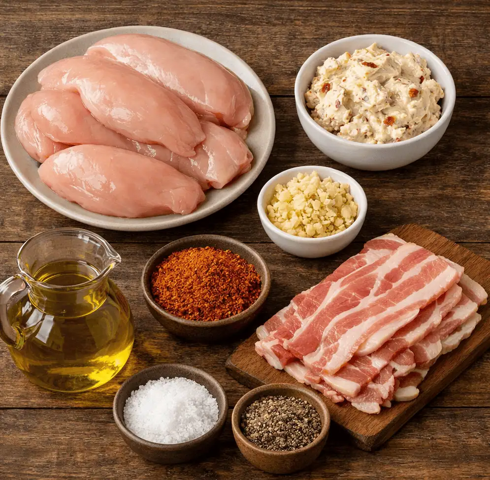 Ingredients for Cream Cheese Stuffed Chicken Wrapped in Crispy Bacon - Saffarazzi Ingredients for Cream Cheese Stuffed Chicken Wrapped in Crispy Bacon