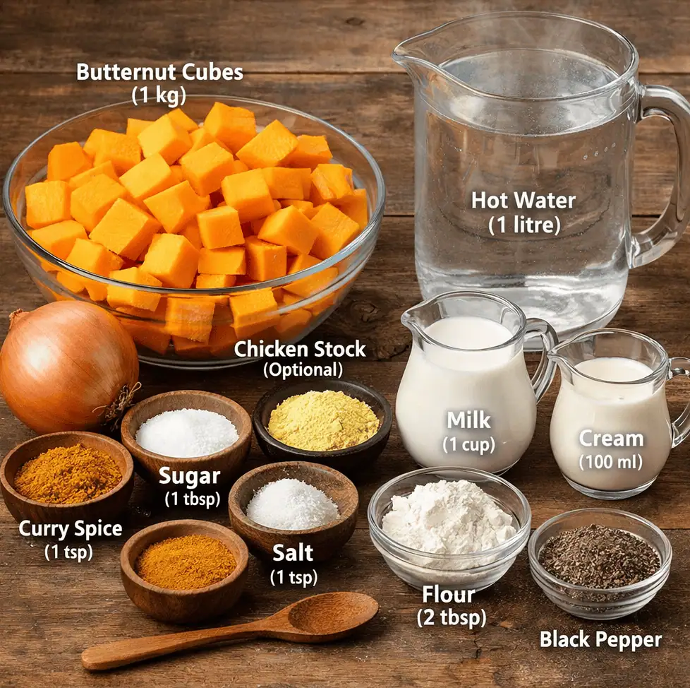 Golden Curried Butternut Soup with Cream and Savoury Chicken Stock - Saffarazzi Golden Curried Butternut Soup with Cream and Savoury Chicken Stock