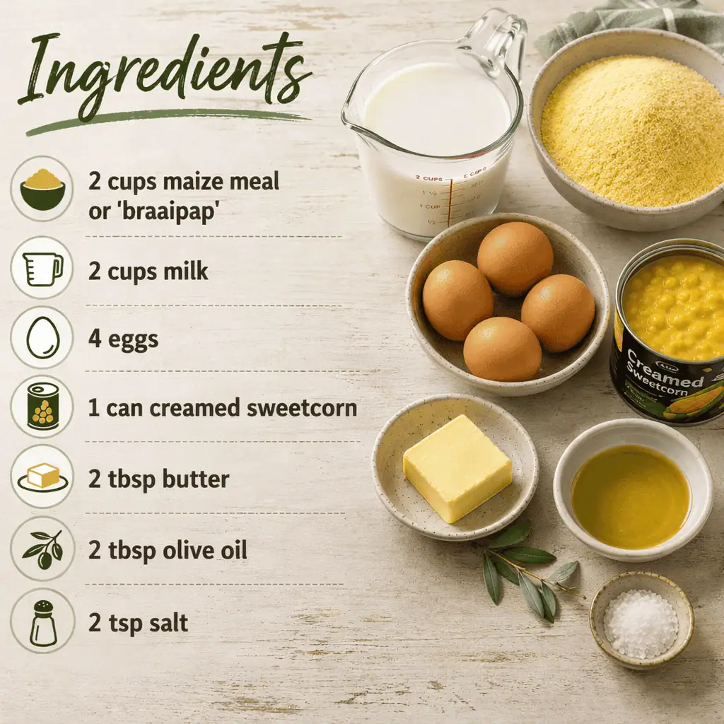 BCOd35de38f-9941-4398-b1ec-d08c7fd9260d - Saffarazzi Infographic listing ingredients: 2 cups maize meal, 2 cups milk, 4 eggs, 1 can creamed sweetcorn, 2 tbsp butter, 2 tbsp olive oil, and 2 tsp salt with icons beside each item on a wood background.