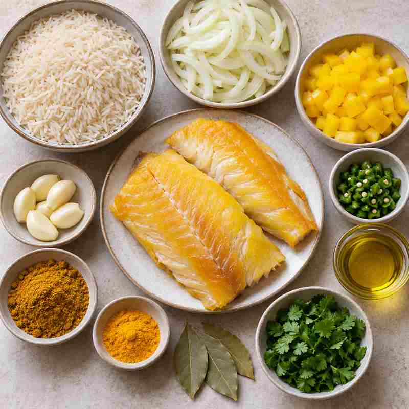 smoked-haddock-biryani-ingredients-800x800-ultra-small - Saffarazzi Two salmon fillets on a plate, surrounded by bowls of rice, onions, mango, garlic, chilies, cilantro, bay leaves, spices, and oil.