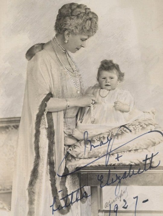 Princess Elizabeth II, age one, with her grandmother Queen Mary, 1927