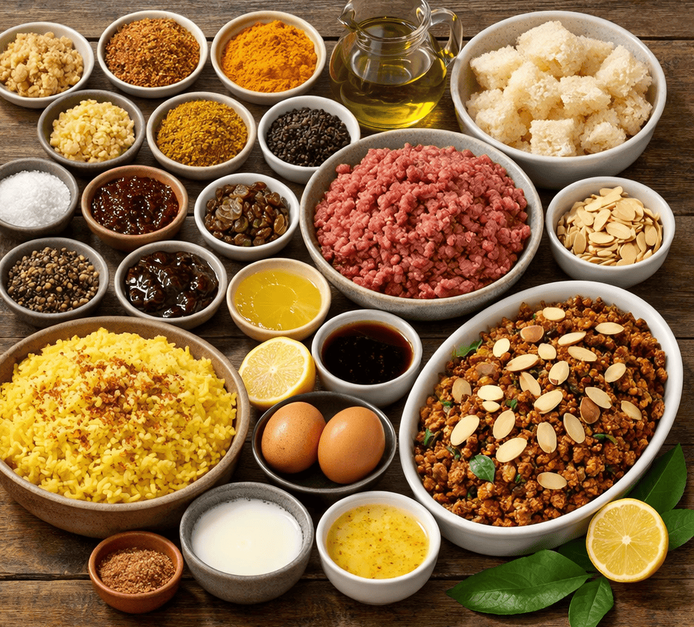 Ingredients for Traditional Cape Malay Bobotie Recipe with Golden Custard Bake