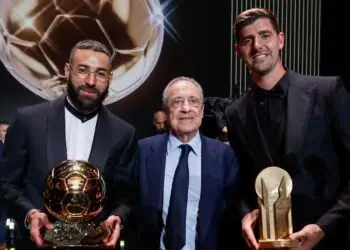 Karim Benzema, Florentino Pérez and Thibaut Courtois