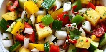 A vibrant, no-cook salad bursting with fresh peppers, sweet pineapple, crunchy corn, and zesty lime — the perfect healthy side dish for your next braai. Ready in 15 min.