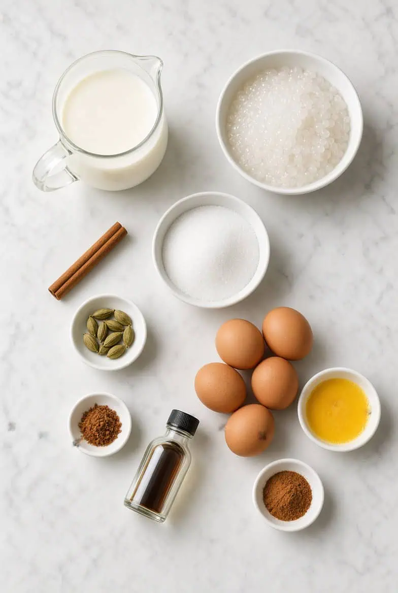 Ingredients for spicy sago dessert illustrated via AI - Saffarazzi Top-down view of baking ingredients: milk, eggs, sugar, vanilla extract, cinnamon sticks, cardamom, and various spices on a marble surface.”