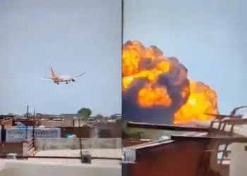An Air India plane bound for London with 242 people on board crashed minutes after taking off. Images via X.com @remarks video if incident.