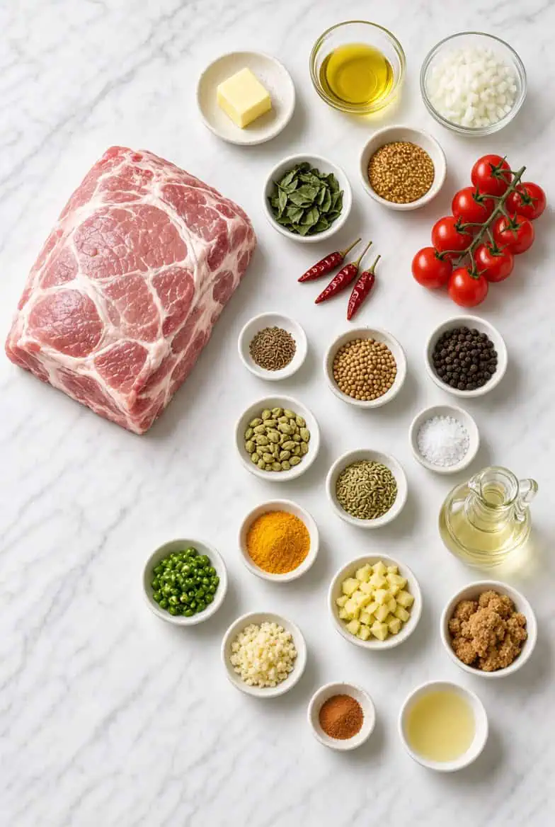 Pork Neck Curry ingredients illustrated by AI - Saffarazzi Raw pork shoulder with bowls of spices, herbs, oil, garlic, and cherry tomatoes arranged on a marble surface, ready for seasoning.