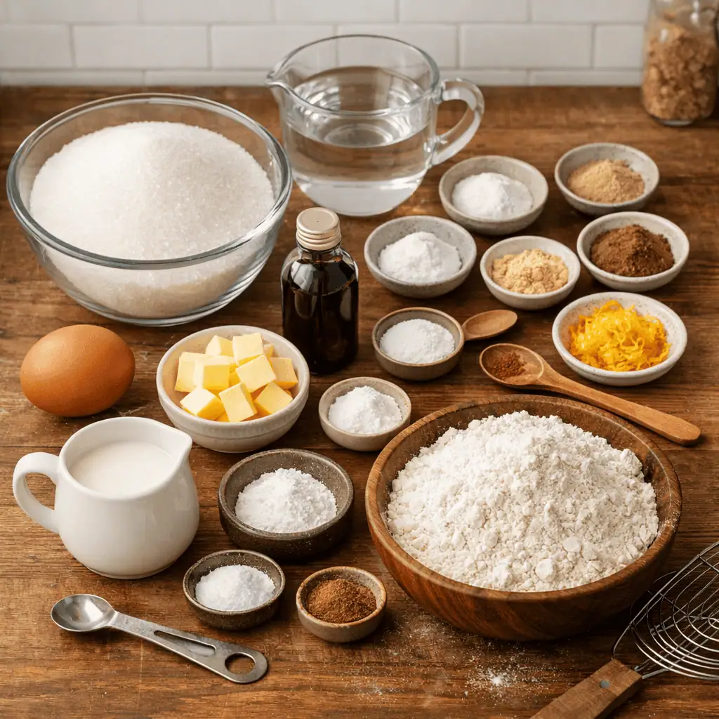 Imngredients for koeksiters image supplied by Copilot - Saffarazzi Baking setup with bowls of flour, sugar, butter cubes, milk, egg, and spices on a wooden counter; measuring spoons and whisk ready for recipe.