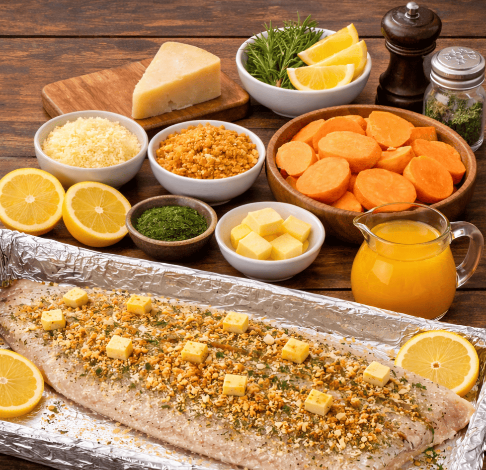 Oven-Baked Snoek with Sweet Potatoes infused with orange juice sauce