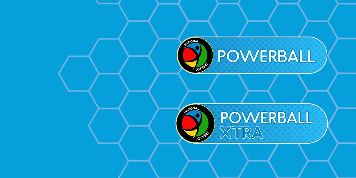 Two rounded blue banners featuring the Powerball and Powerball XTRA logos with the National Lottery emblem on the left, set against a blue hexagon pattern background.