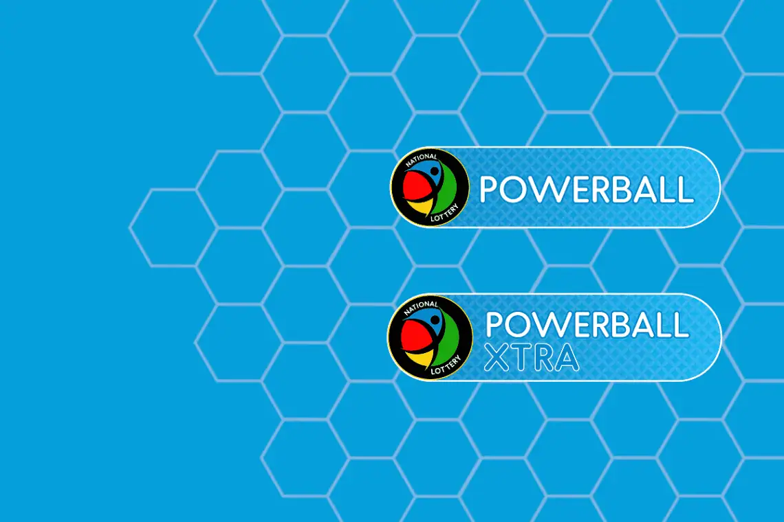 Two rounded blue banners featuring the Powerball and Powerball XTRA logos with the National Lottery emblem on the left, set against a blue hexagon pattern background.