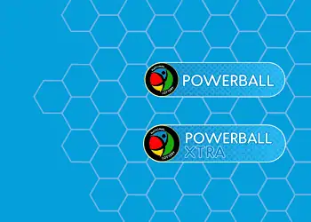 Two rounded blue banners featuring the Powerball and Powerball XTRA logos with the National Lottery emblem on the left, set against a blue hexagon pattern background.
