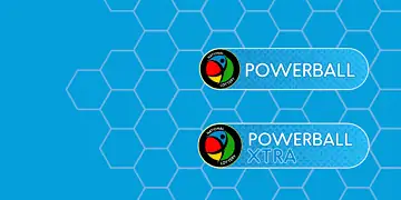 Two rounded blue banners featuring the Powerball and Powerball XTRA logos with the National Lottery emblem on the left, set against a blue hexagon pattern background.