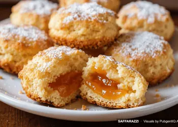 Plate of cream puffs dusted with powdered sugar, one broken open showing orange jam filling