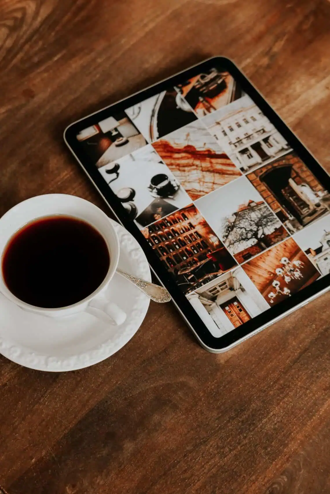 Horoscopes and Lucky Numbers for 18 June - Saffarazzi Tablet displaying a collage of travel photos beside a cup of black coffee on a wooden table.