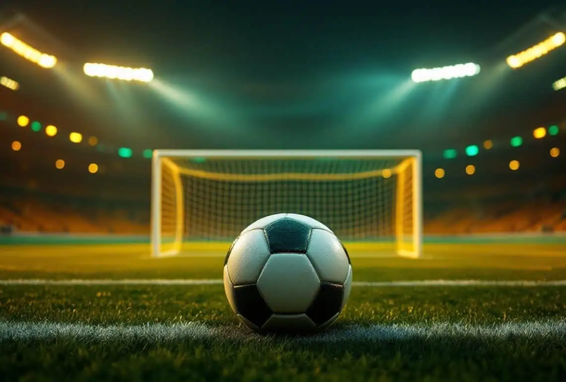 Soccer ball resting on the grass in front of a goal under bright stadium lights at night.