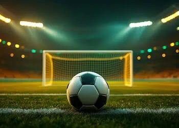 Bafana vs Canada, Zwane ban & Boks eye England: SA Sport - Saffarazzi Soccer ball resting on the grass in front of a goal under bright stadium lights at night.