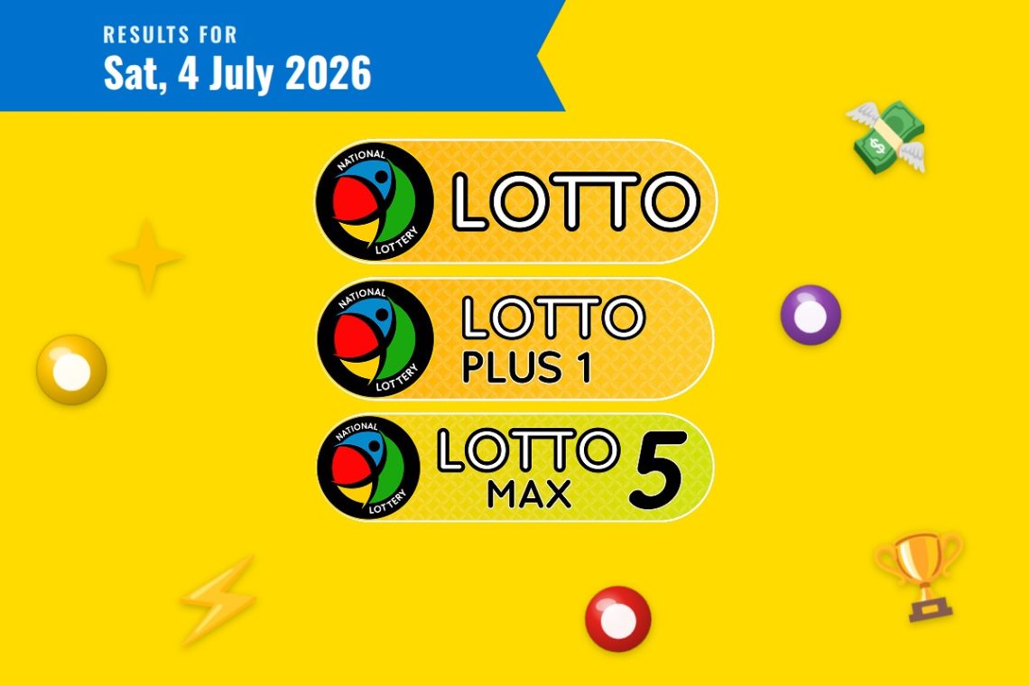 Lotto, Lotto Plus 1 and Lotto 5 Max Results lottery draw results for Saturday, 4 July 2026