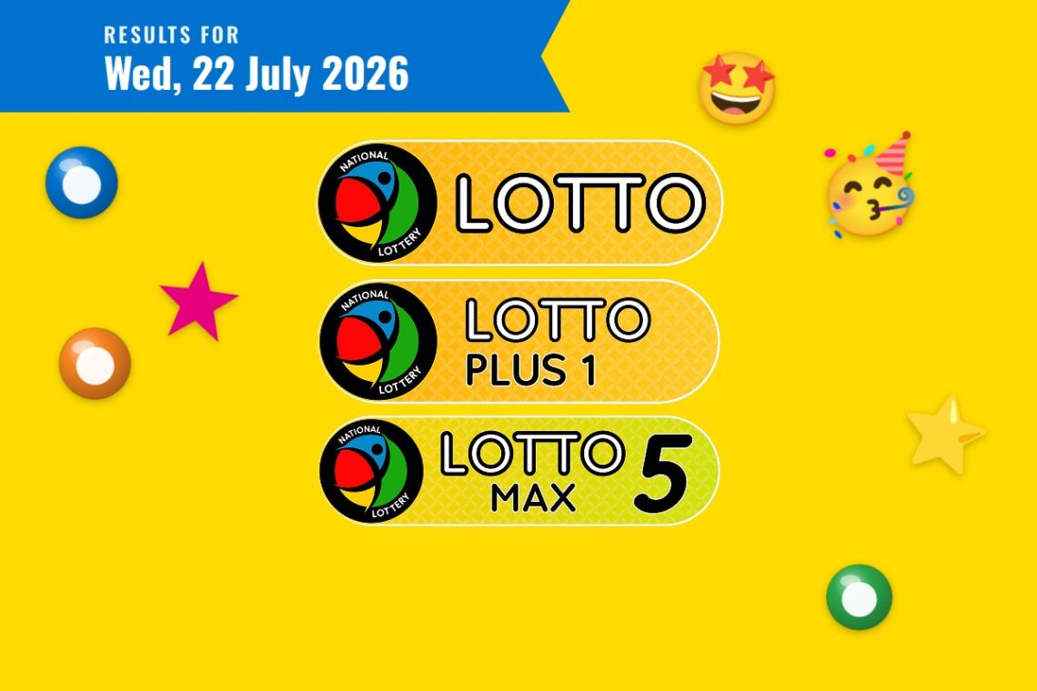 Lotto, Lotto Plus 1 and Lotto 5 Max Results lottery draw results for Wednesday, 22 July 2026