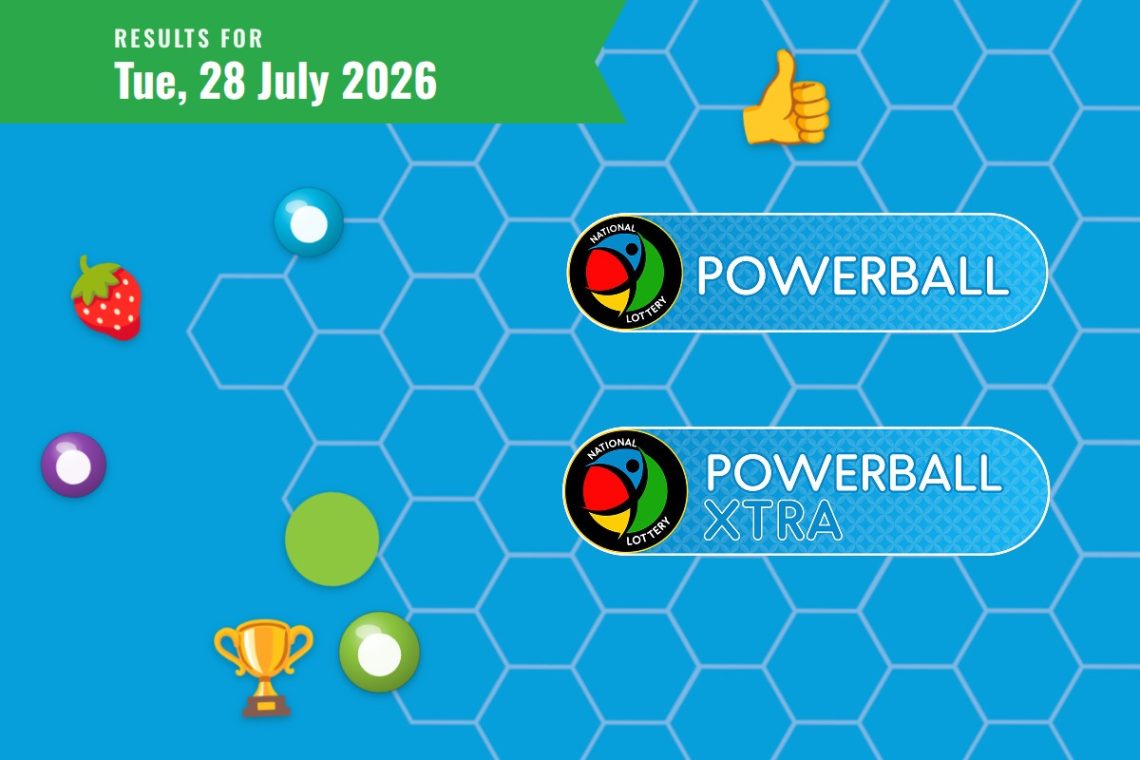 Green banner at top left reads 'Results for Tue, 28 July 2026' over a blue hex-pattern background with lottery balls, a trophy, a thumbs-up icon, and two rounded blue 'Powerball' banners (Powerball and Powerball XTRA) with the National Lottery logo.