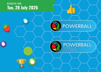 Green banner at top left reads 'Results for Tue, 28 July 2026' over a blue hex-pattern background with lottery balls, a trophy, a thumbs-up icon, and two rounded blue 'Powerball' banners (Powerball and Powerball XTRA) with the National Lottery logo.