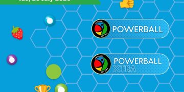 Green banner at top left reads 'Results for Tue, 28 July 2026' over a blue hex-pattern background with lottery balls, a trophy, a thumbs-up icon, and two rounded blue 'Powerball' banners (Powerball and Powerball XTRA) with the National Lottery logo.