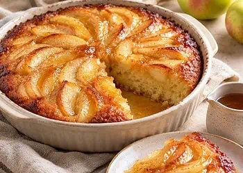 Warm apple tart soaked in brandy sauce with a slice ready to serve