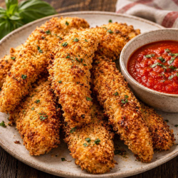 Crispy Parmesan Chicken Fingers with Homemade Marinara - Saffarazzi Crispy Parmesan Chicken Fingers with Homemade Marinara