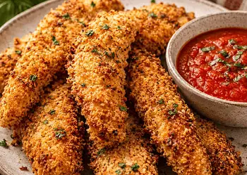Crispy Parmesan Chicken Fingers with Homemade Marinara - Saffarazzi Crispy Parmesan Chicken Fingers with Homemade Marinara