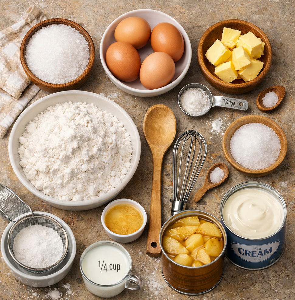 Assorted baking ingredients on a countertop: eggs, flour, butter, sugar, cream, and a whisk with wooden utensils nearby.