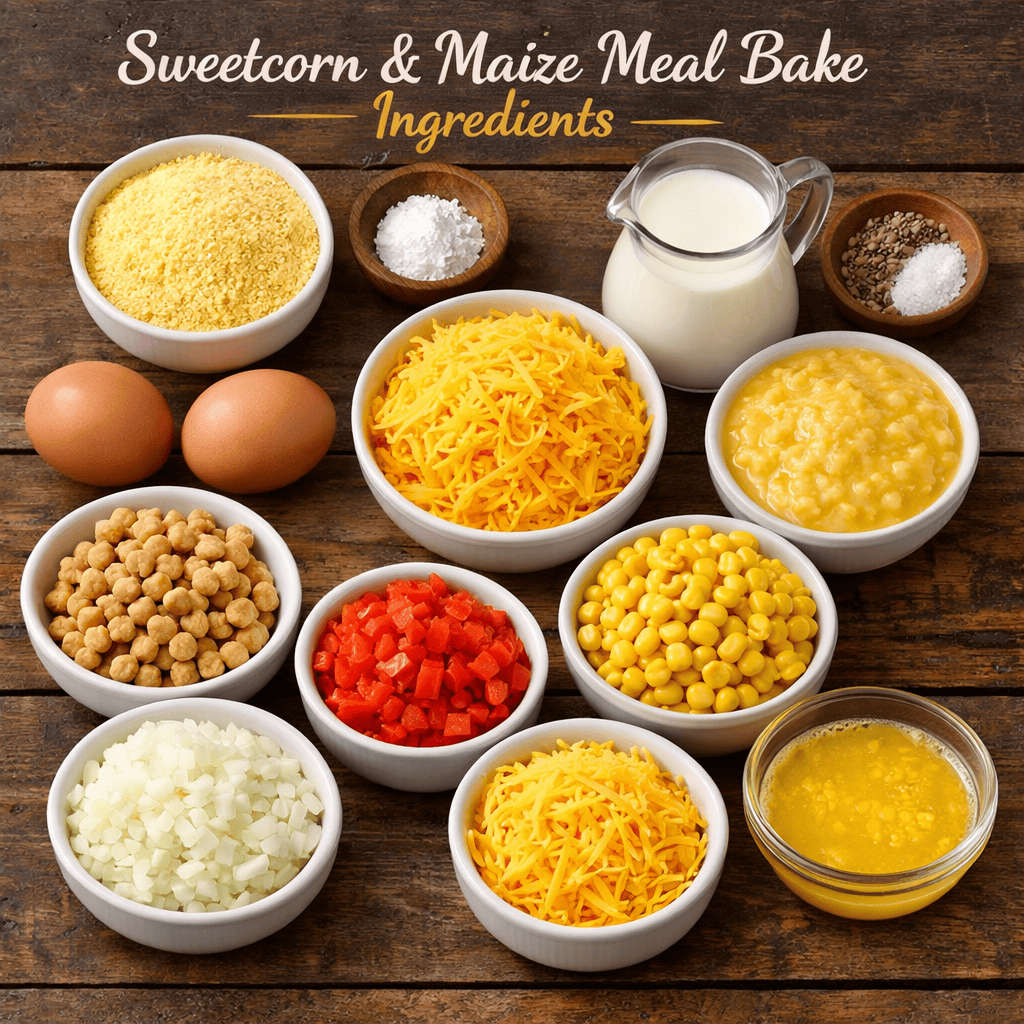 Ingredients for Easy Cheesy Sweetcorn Bake with Maize Meal (Traditional Paptert)