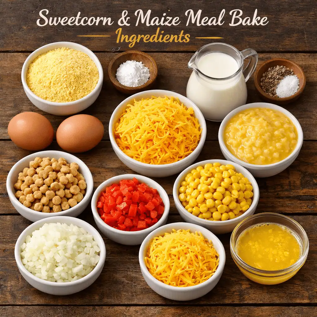 Ingredients for Easy Cheesy Sweetcorn Bake with Maize Meal (Traditional Paptert) - Saffarazzi Ingredients for Easy Cheesy Sweetcorn Bake with Maize Meal (Traditional Paptert)