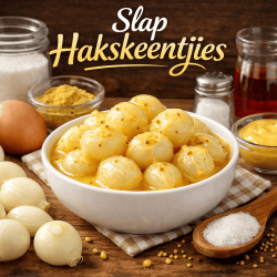 Slaphakskeentjies-supplied-by-Irene-Muller-1 - Saffarazzi Bowl of glossy pearl onions in a yellow mustard sauce, with onions and kitchen ingredients around, and the text 'Slap Hakseentjes' above.