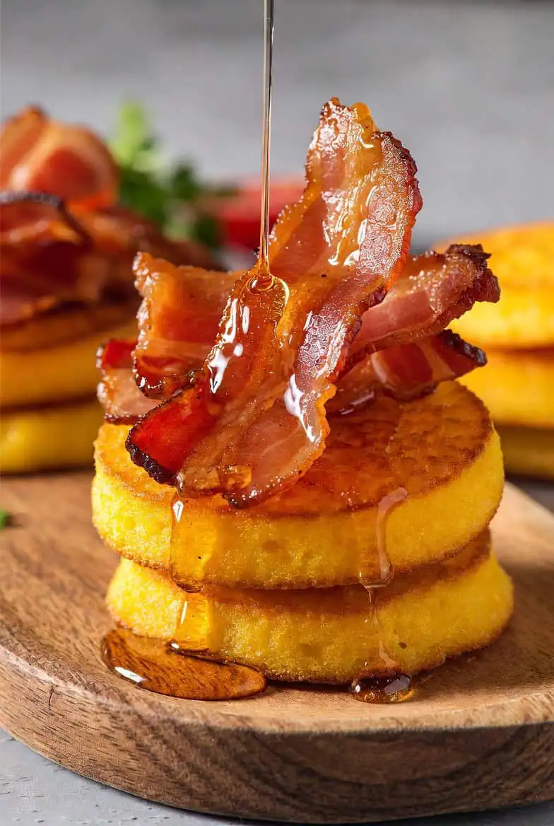 Best Savoury Mielie Crumpets with Crispy Bacon - Saffarazzi Stack of golden cornmeal pancakes topped with crispy bacon and a drizzle of maple syrup.