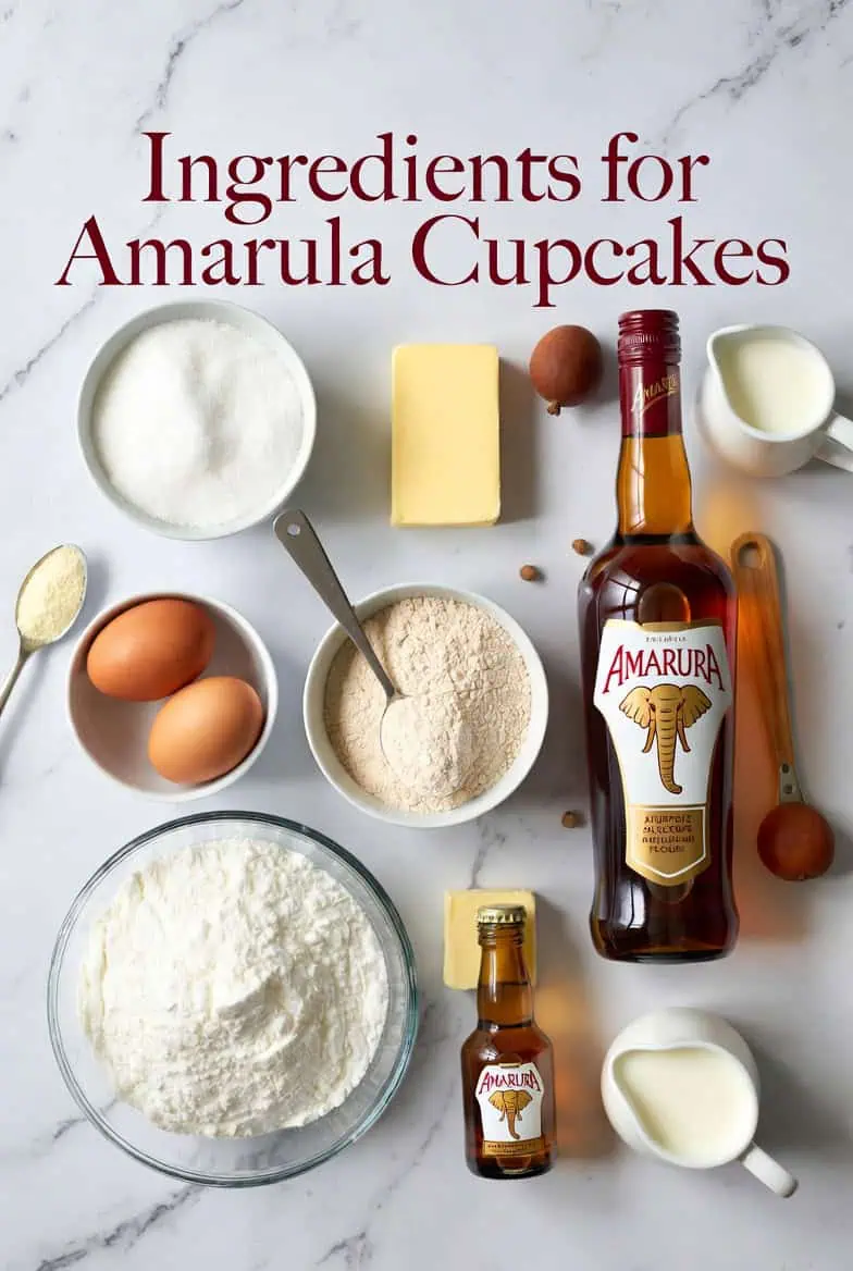 image 6 - Saffarazzi Top-down view of ingredients for Amarula Cupcakes: flour, sugar, eggs, butter, milk, and Amarula liqueur on a marble surface.