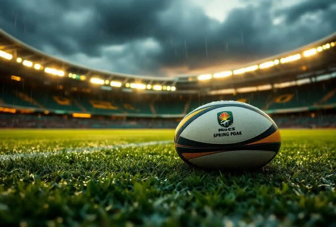 Boks Brace for England at Ellis Park as Mofokeng Heads to Belgium - Saffarazzi Rugby ball on a wet grass field in a stadium, rain falling, with bright stadium lights and a cloudy sky behind.