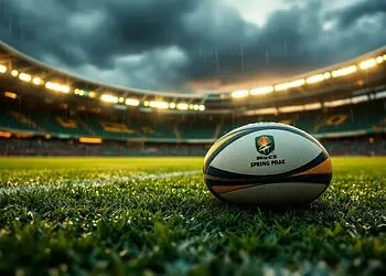 Boks Brace for England at Ellis Park as Mofokeng Heads to Belgium - Saffarazzi Rugby ball on a wet grass field in a stadium, rain falling, with bright stadium lights and a cloudy sky behind.