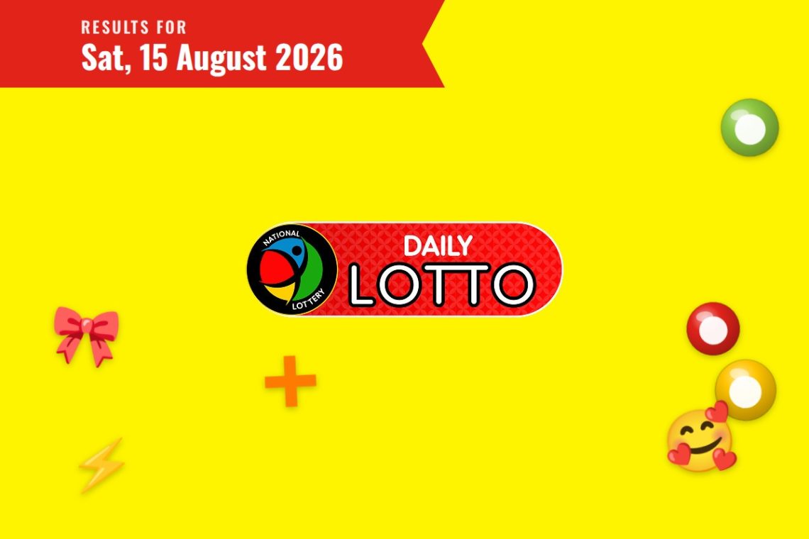 Daily Lotto Results - Saturday, 15 August 2026 - Saffarazzi Bright yellow poster with a red 'Results for Sat, 15 August 2026' banner, central Daily Lotto logo, and colorful lottery icons on the sides.