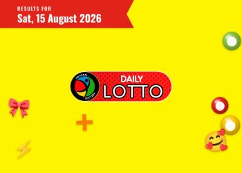 Bright yellow poster with a red 'Results for Sat, 15 August 2026' banner, central Daily Lotto logo, and colorful lottery icons on the sides.