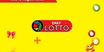 Bright yellow poster with a red 'Results for Sat, 15 August 2026' banner, central Daily Lotto logo, and colorful lottery icons on the sides.