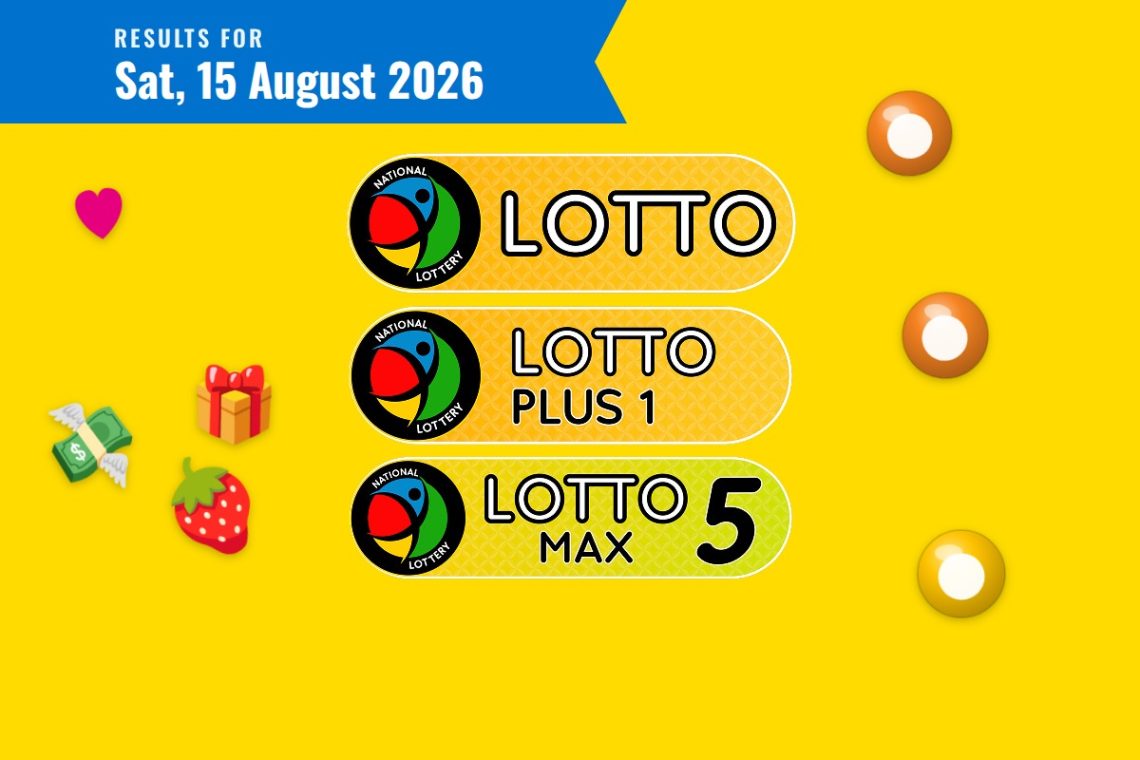Lotto, Lotto Plus 1 and Lotto 5 Max Results lottery draw results for Saturday, 15 August 2026