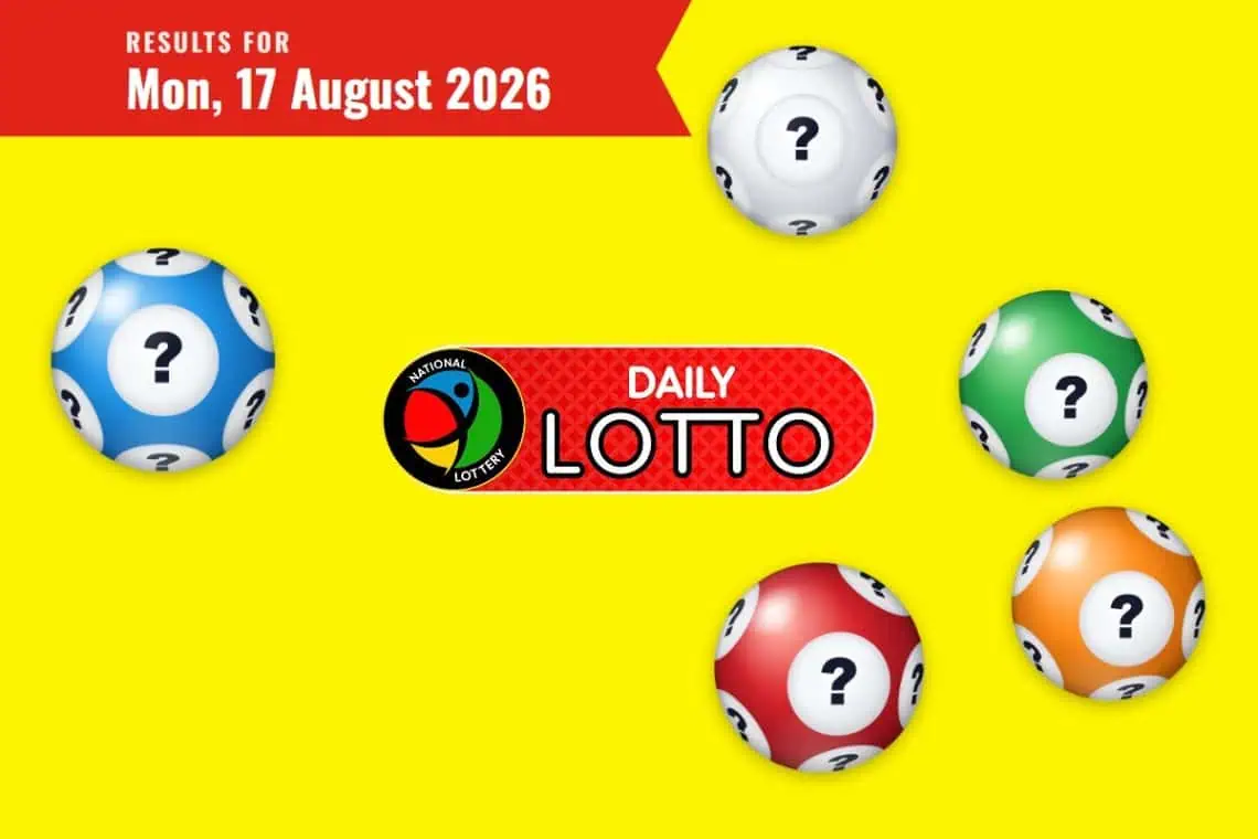 20260817-daily-lotto-results-ballcount - Saffarazzi Promo image for Daily Lotto with a yellow background, red banner text 'Results for Mon, 17 August 2026' and scattered lottery balls with question marks surrounding the Daily Lotto logo.